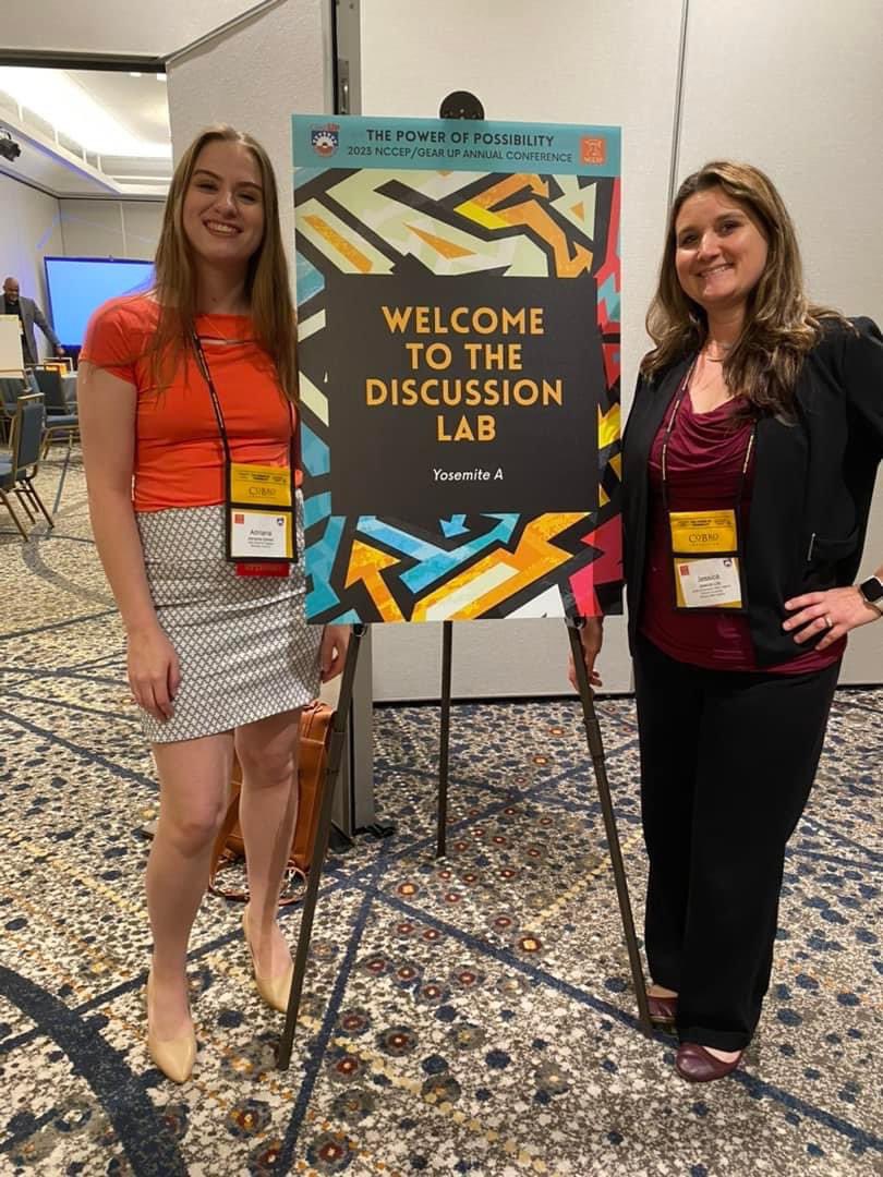 GEARUPSWV's tweet photo. Adriana Eldridge &amp; GEAR UP SWV’s Comminications Manager Jessica Lilly hosted a discussion on Monday at the 2023 NCCEP/GEAR UP conference asking, “How can we elevate student voice?” 🆙
Both women serve on the Communications Advisory Council. 🎉

#GEARUPworks #GUCon #gearupswv https://t.co/FqjHYCBtKy