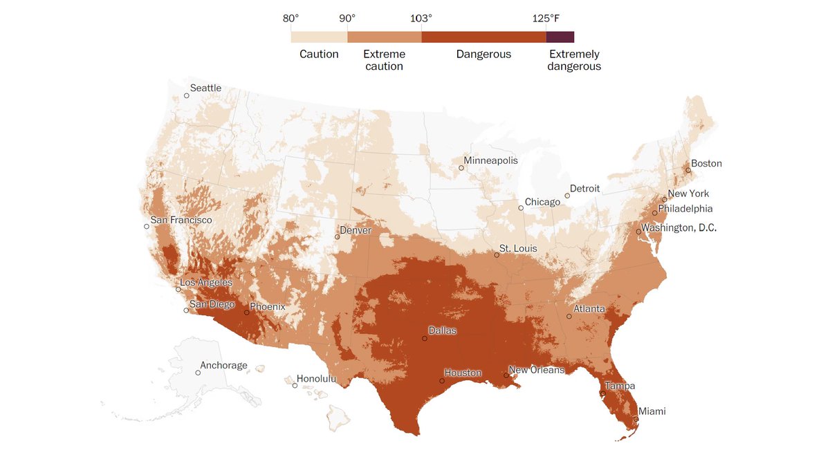 The U.S. is facing wet bulb temperatures. We sweat to cool off, but when it's humid enough, sweat is no longer effective for cooling. This begins at 88F at 100% humidity.

This is not and should not be seen as normal. The climate crisis is increasingly urgent.