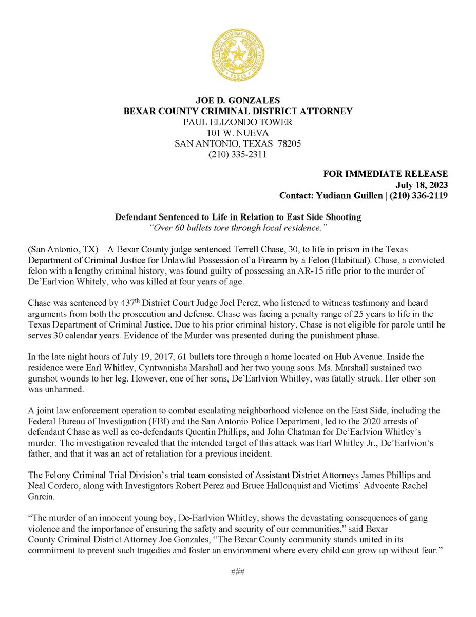 BexarCountyDA's tweet photo. Habitual offender Terrell Chase was sentenced to life for illegal possession of a firearm. The verdict exemplifies our community's efforts against gang violence. Grateful to 4 yr-old De'Earlvion Whitely's family &amp; the prosecution team for #upholdingjustice.  #CommunityStrong https://t.co/RZByYuDs6c