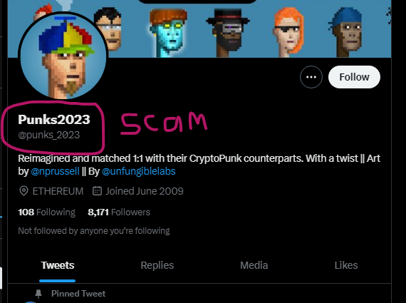 PunkverseWorld's tweet photo. Be warned. A lot of our followers are also following this scam account. Unfortunately it's 2 hours old, so hopefully nobody has minted from their "public mint". 

Please report it. There's no underscore in our username. https://t.co/JBKn3r8AKW