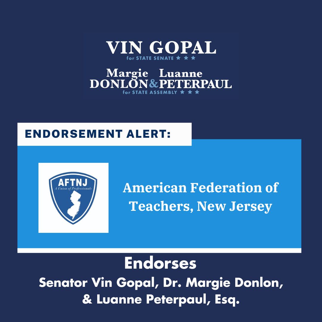 🔵ENDORSEMENT ALERT🔵

Vin, Margie, and Luanne are honored to have earned the support of @AFTNJ! 

#TeamMonmouth #njeducation #njpolitics #monmouthcountynj #gopaldonlonandpeterpaul #aftnj