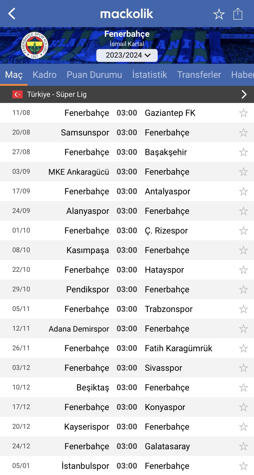 Fenerbahçe'nin 2020-2021 Süper Lig fikstürü