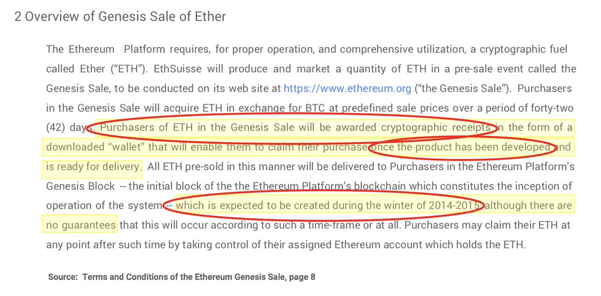 jvallee2000's tweet image. There are a series of documents and agreements that constitute the "investment contract" for #Ethereum:

1.  Ether Product Purchase Agreement
2. Terms and Conditions of Ether Genesis Sale
3. Intended Use of Revenue
4. Ethereum Development Plan
5.  White Paper
6.  Yellow Paper