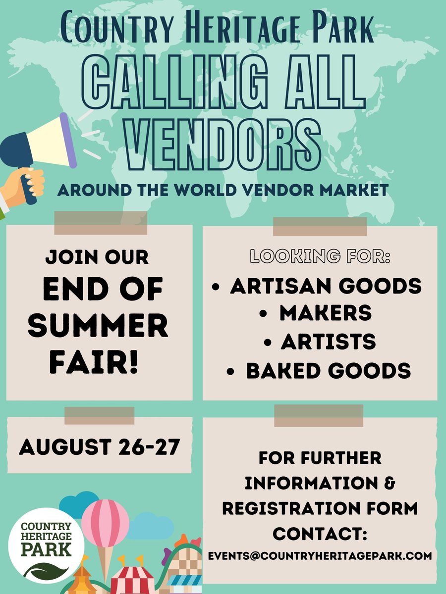 Vendor call out!! 👀

Looking for vendors with products that represent different countries from all around the world at our annual End of Summer Fair! 🌎🎪