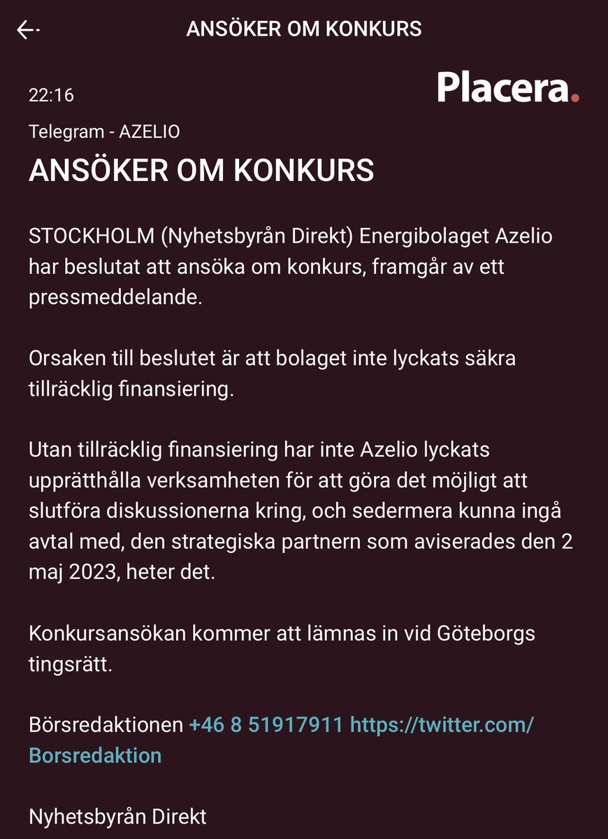 Investeraren's tweet photo. Azelio ansöker om konkurs enligt ett pressmeddelande som skickades ut för några minuter sedan, solnedgång #PrataPengar https://t.co/4KqtG8Nny2