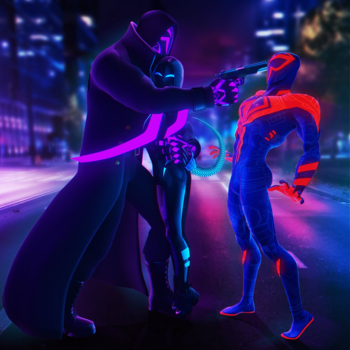 Nanicaom's tweet photo. Midnight Indigo is very possessive of Phantom... hehehe Sorry Miguel #SpiderVerse #MiguelOHara #SpiderMan2099 #spidersona https://t.co/pcCoWmGf55