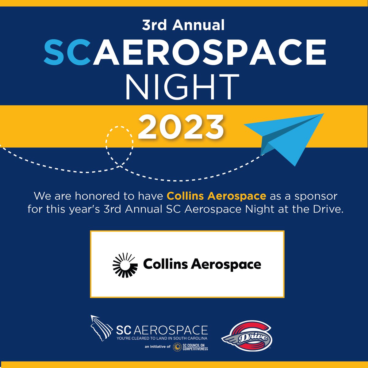 sccompetes's tweet photo. We are excited to have @CollinsAero joining #SCAerospaceNight as a sponsor this year. We hope to see you August 10th with the @GreenvilleDrive as we celebrate South Carolina’s aerospace industry! https://t.co/go2VSZ8I1F