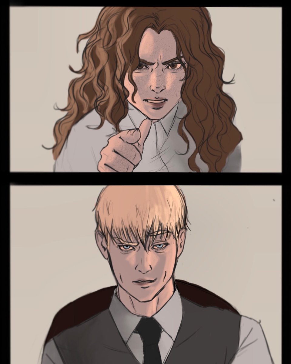 boonookt's tweet photo. The tension between is making everyone of their friends cringe. 

Since they’ve been working in the same office they’ve been arguing non stop everyday. 

First they will arg about who’s better and the next minute they’re … well you can see 🫠
#dramione https://t.co/Q981q0nJLY