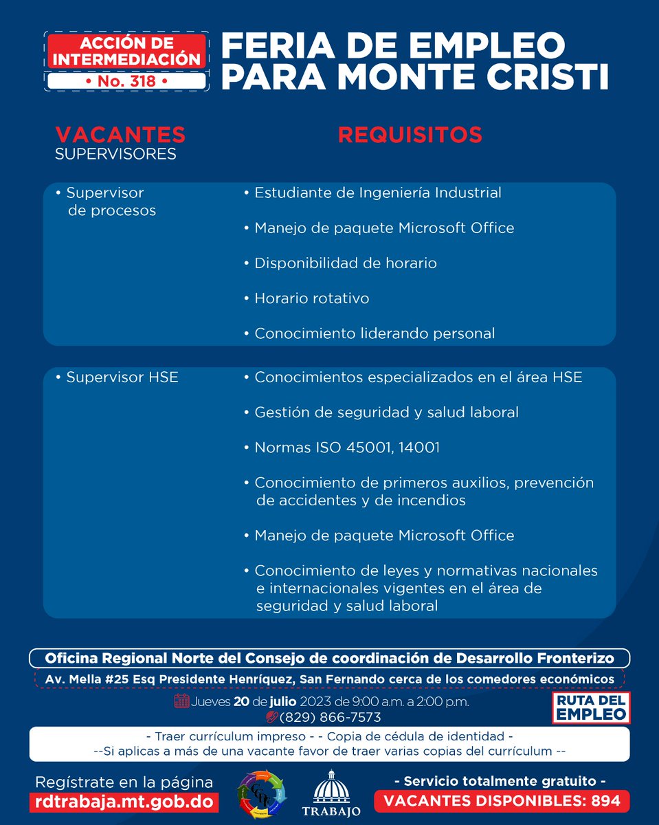 MTrabajoRD's tweet photo. La #RutaDelEmpleo llega a Monte Cristi📍

Te invitamos a participar en la #FeriaDeEmpleo No.318 con 894 vacantes disponibles, que realizaremos este jueves  20 de julio de 09:00 a.m. a 2:00 p.m., en la Oficina Regional Norte del @ccdfrdo https://t.co/0j3kwVJsXZ