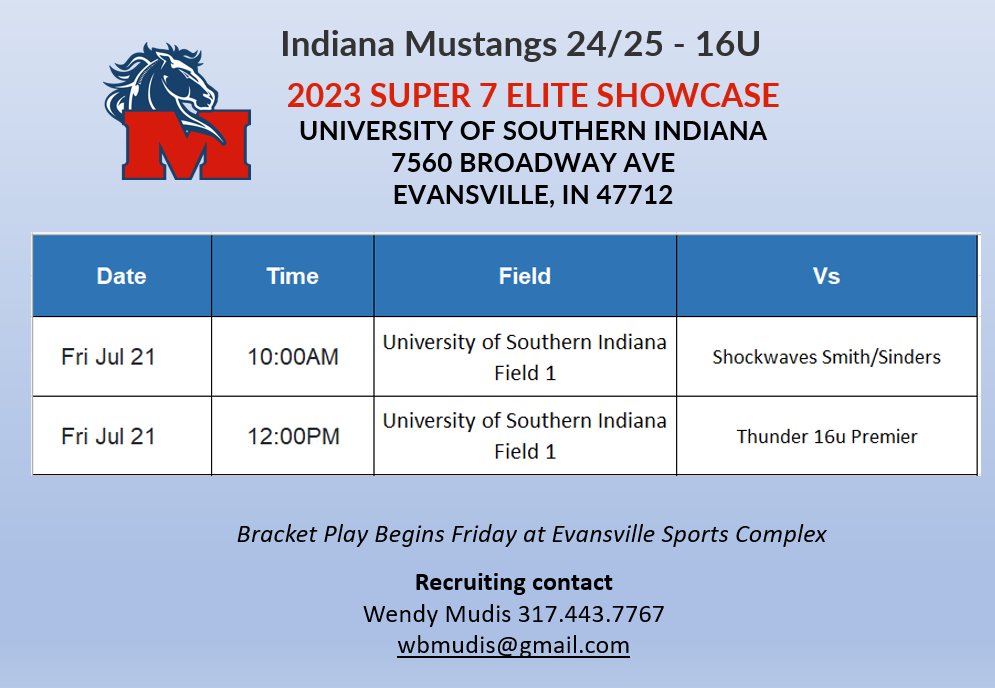 Our last tournament is this weekend at the Super 7 Elite Showcase in Evansville. Here's our pool play schedule at USI and then bracket play starts Friday into Sunday at Evansville Sports Complex.

Come check out some talented players! 🥎
<a href="/1MustangsNation/">Indiana Mustangs</a>