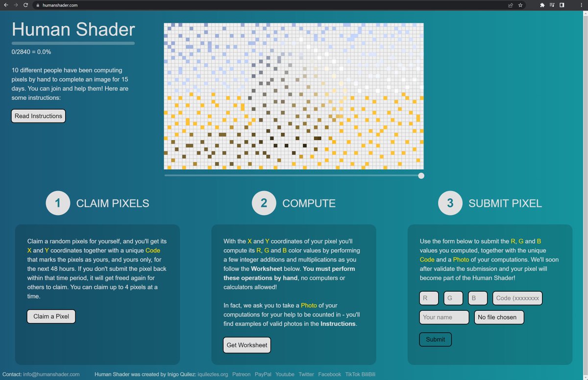 Hello, I present you with the Human Shader, a project where anybody can participate and help create the first ever human-brain-only powered shader and mathematical image! Please join us and be part of history! humanshader.com