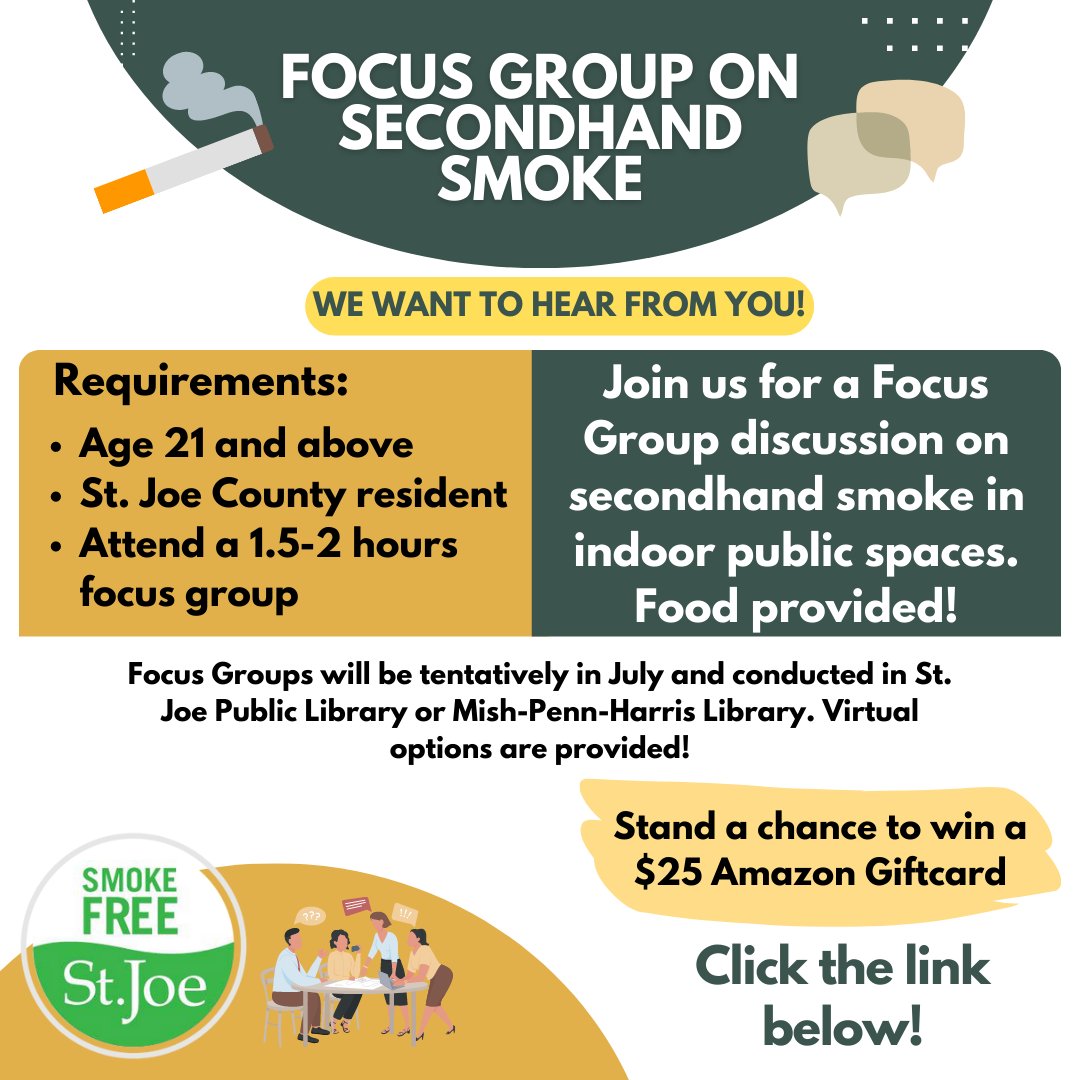 Looking to voice your opinion on secondhand smoke? Smoke-Free St.Joe is conducting focus groups to hear from YOU! Sign-up today at forms.gle/oS2FNJcwn7TdhQ…, and stand a chance to win a $25 dollar Amazon gift card!