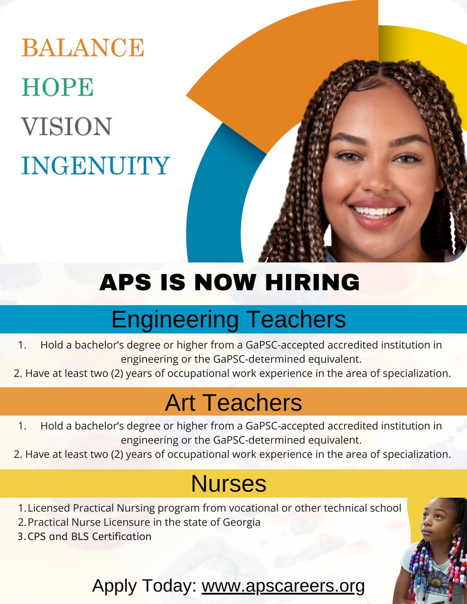 Do you know individuals with industry experience? APS is hiring these esteemed professionals with interest in school-based positions! 
Career-switchers open a window to the world of possibilities for our students! Apply NOW and Say YES to APS! #ATLjobs #IndustryExperience #Teach