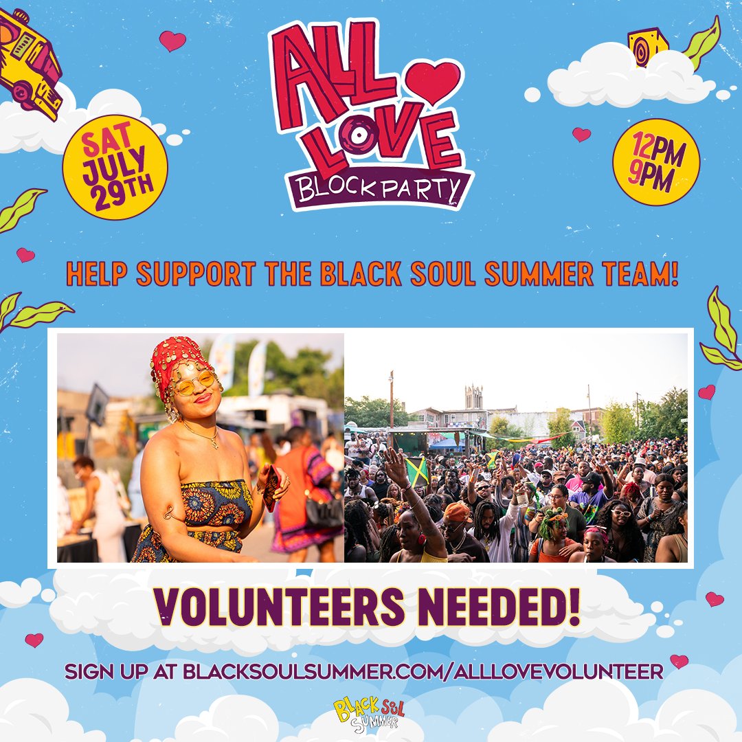 🚨VOLUNTEERS NEEDED 🚨 Help support the Black Soul Summer team by volunteering at the All Love Block Party! 

🗓️ Saturday July 29th 12PM - 9Pm 
📍 One Art Community Center 
✨ Go to the link to sign up: Blacksoulsummer.com/allllovevolunt…
