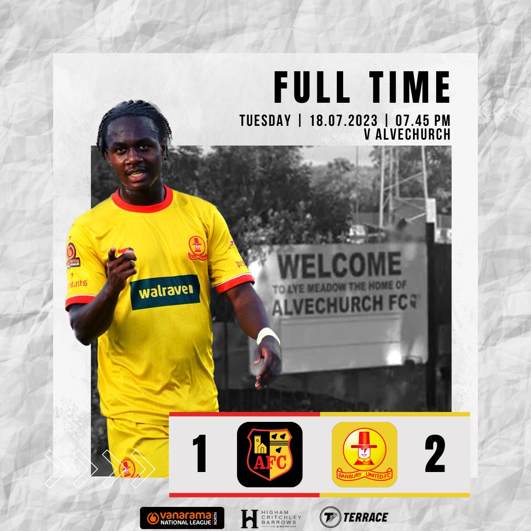 BanburyUnitedFC's tweet photo. FULL TIME 🟥🟨|

@Alvechurch1st 1-2 Banbury United
(⚽️ Trialist, Charles)

Trialist opened the scoring with a powerful shot. Church went on to equalise, but Charles scored not long after for the victory. 

Thank you for your support this evening at Lye Meadow. 👏🏼 https://t.co/kjHSaNLcC8
