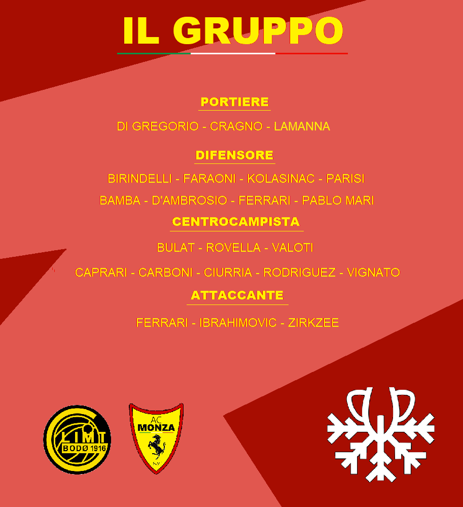 ACMonzaFerrari's tweet photo. Le groupe pour la 1ere rencontre de la phase de poule de la WAC !! 🔥

▶️ Lamanna - Bamba - D'Ambrosio - Valoti - Vignato - A. Ferrari - Zirkzee

◀️ Sorrentino - Marlon - Maggiore - Colpani - El Shaarawy - Joao Pedro

#WAC | #BGLACMF | #ACMonzaFerrari https://t.co/K9MIQuWJQy