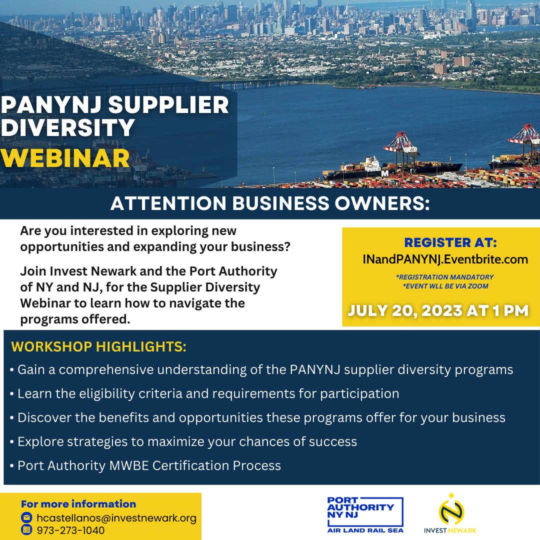 Learn about PANYNJ Supplier Diversity programs at the Webinar on:
🗓️ July 20, 2023, 1 PM via Zoom
🌐 Register: INandPANYNJ.Eventbrite.com
#PANYNJ #InvestNewark