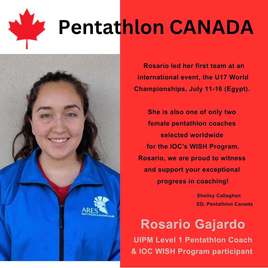 Pentathlon Canada proudly celebrates the development &amp; progress of volunteers, officials and coaches like Rosario Gajardo <a href="/RosarioGajardo/">rosario gajardo</a> 
More info on her and twin sister &amp; coach arespentathlon.ca/coaches  <a href="/SportCanada/">Sport Canada</a>.en  <a href="/WorldPentathlon/">UIPM - World Pentathlon</a> <a href="/WomenandSportCA/">Canadian Women & Sport | Femmes et sport au Canada</a> <a href="/CAC_ACE/">Coaching Association of Canada</a> <a href="/AresPentathlon/">ARES</a>