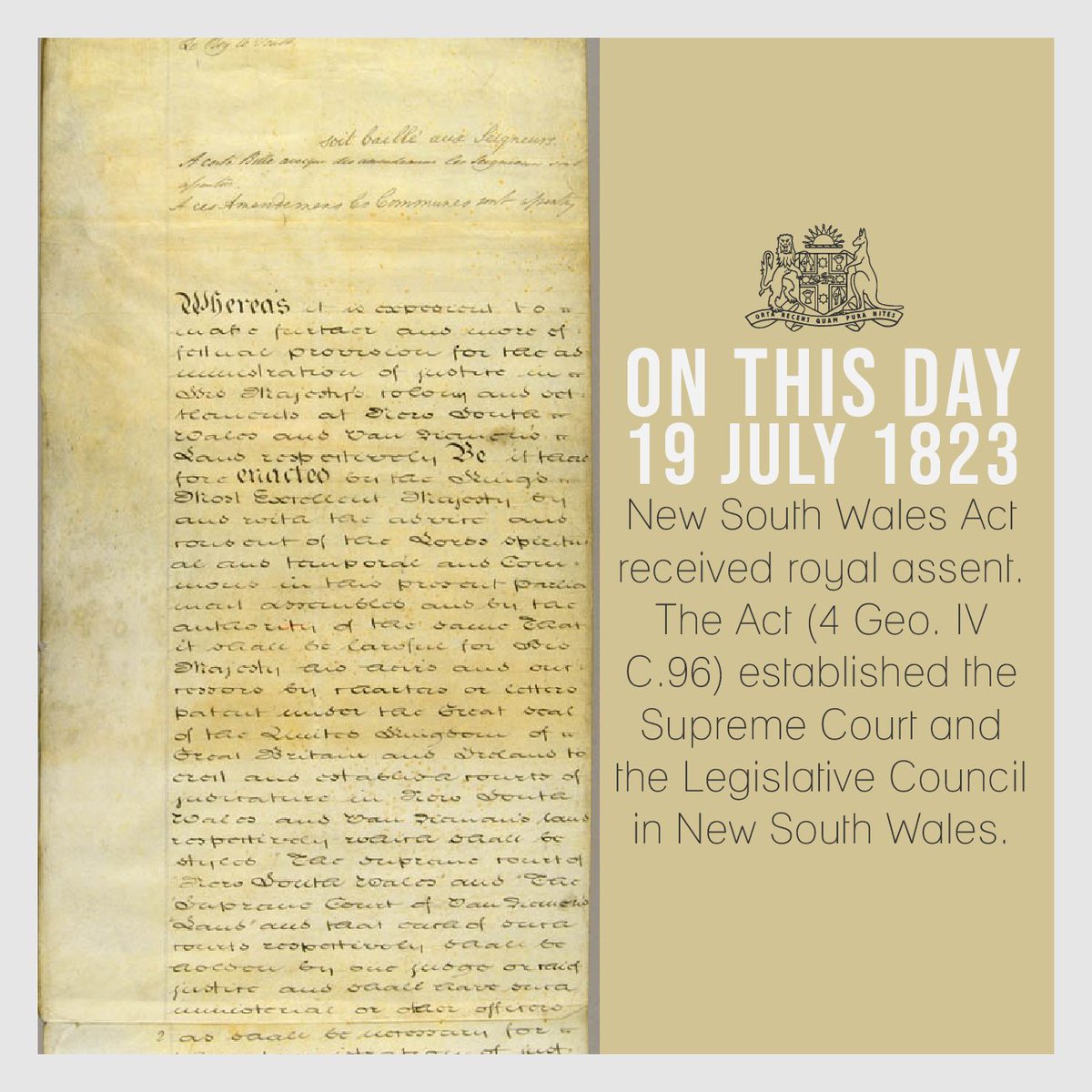 On this day in 1823, the New South Wales Act received royal assent. The Act created @NSWSupCt and @nsw_upperhouse #auslaw #supremecourtnsw1824_2024 #scnswbicentenary #supremecourtnsw