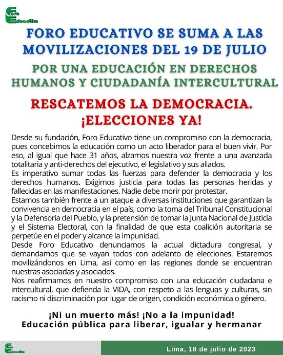 Foroeducativo's tweet photo. FORO EDUCATIVO SE SUMA A LAS MOVILIZACIONES DEL 19 DE JULIO
POR UNA EDUCACIÓN EN DERECHOS HUMANOS Y CIUDADANÍA INTERCULTURAL

RESCATEMOS LA DEMOCRACIA ¡ELECCIONES YA!

#movilización #19J 
#TomaDeLima #Peru #educaciónenderechos #educacióndecalidad #interculturalidad #Internacional https://t.co/2EZMMZxMlo