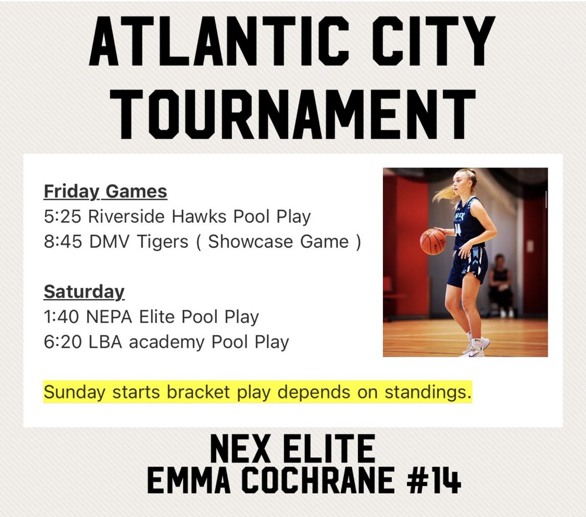 Here is my schedule for the Atlantic City tournament this weekend!! Can’t wait to get back on the court. <a href="/NEX_Russell/">New England Exposure</a> <a href="/james_reen/">James Reen</a>