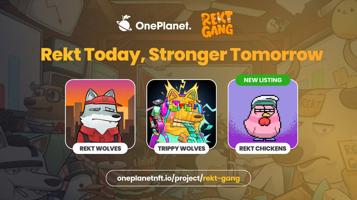 OnePlanet_io's tweet photo. Meet the @rekt_gang:

✅ One of the most popular projects on OnePlanet
✅ Multi-chain community
🚨 New collection 'Rekt Chickens' now listed on OnePlanet!

⤹🧵 https://t.co/maEzDs3LKp