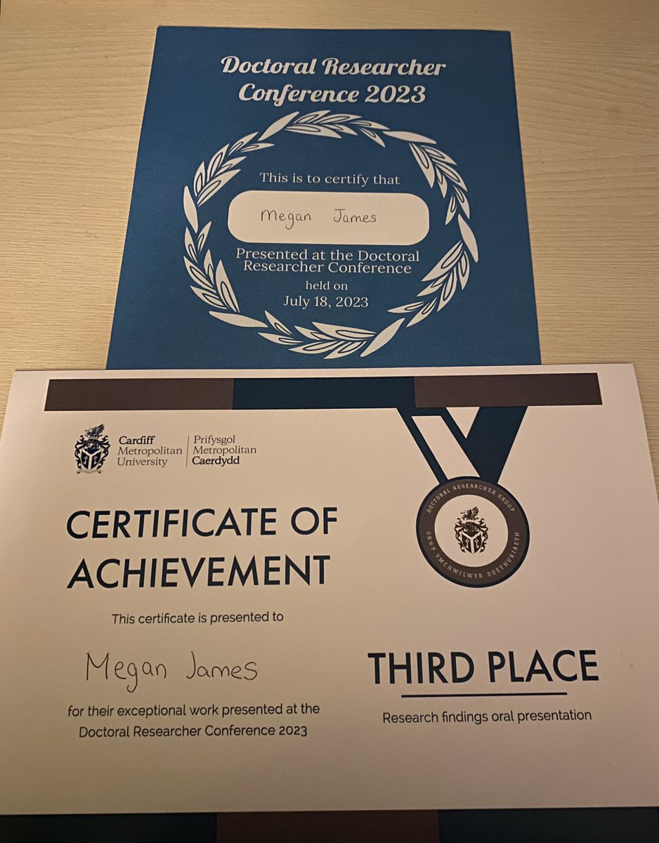 Had a wonderful day chatting to friends old and new at today’s <a href="/CMetDR/">Cardiff Met Doctoral Researcher Group</a> conference! Cherry on top to be awarded third place in the ‘Research findings oral presentation’ category - discussing my first PhD study- delighted and grateful! Hopefully see everyone soon🥰