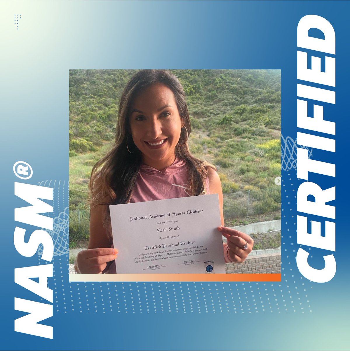 NASM's tweet photo. Congratulations to Karla for persevering through study sessions and passing the NASM CPT exam!

Are you interested in becoming certified? Hit the link or send us a message. We are happy to help! #NASMCPT https://t.co/g6pG5RZydA https://t.co/aa8sH49moh