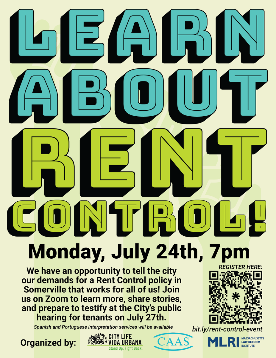 CAASomerville's tweet photo. Join us on July 24th at 7pm on Zoom for a Rent Control Education Workshop! Learn about key elements of a rent control policy, to share stories, and to prepare to testify at the City’s Listening Session. Register here: https://t.co/v4qeUEVzuz https://t.co/oaqv5h4YOC