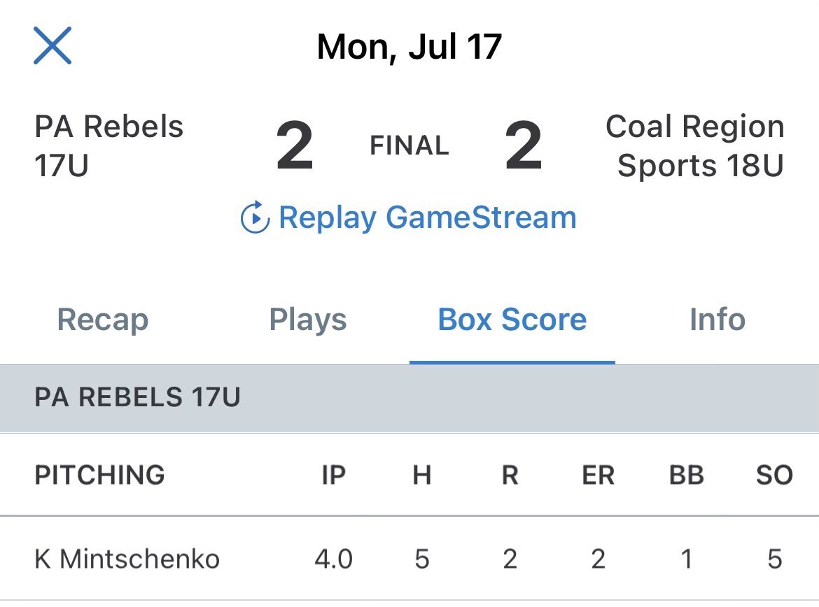 keithchenko's tweet photo. Results from Monday @DiamondNationNJ. I’ll be pitching @MSI_Tournaments @shippensburgU on Saturday, 7/22. @parebels https://t.co/qmQq0xyaCi