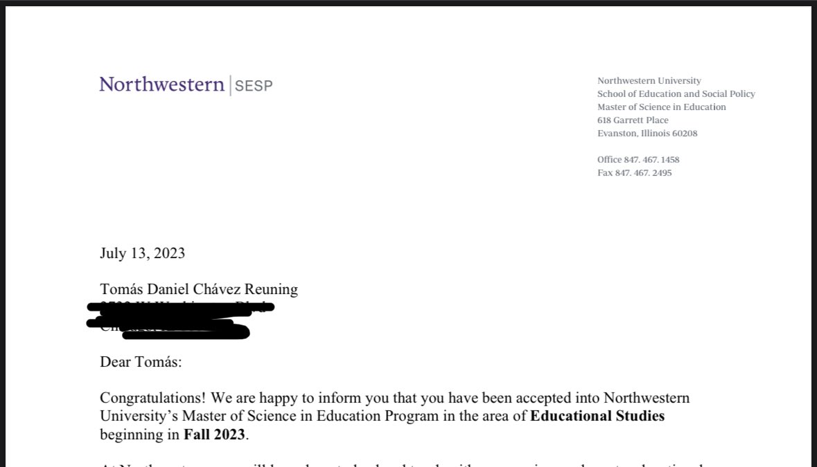 TomasReuning's tweet photo. I am excited to announce that I was accepted into Northwestern's School of Education and Social Policy for a Master's in Education! I will be starting classes this fall. 🟣⚪️ https://t.co/mOc0kPhib8