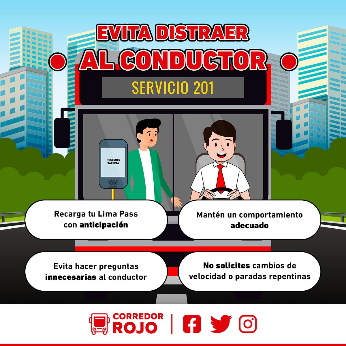 corredor_rojo's tweet photo. Sobrin@, recuerda que el conductor de la unidad necesita estar concentrado al manejar 🙌para poder trasladarte de un lugar a otro de manera segura. ¡No lo distraigas! 📣‼
#transporteformal #seguridad #transporteseguro #transportepúblico #transporte #TransporteEnLima https://t.co/ST6wN6oMuq