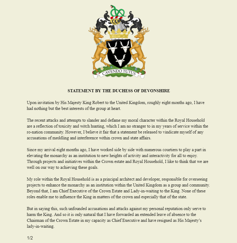 JuliaRBLX's tweet photo. A STATEMENT released by the Duchess of Devonshire can be found attached below: https://t.co/NXLMGjVvjk
