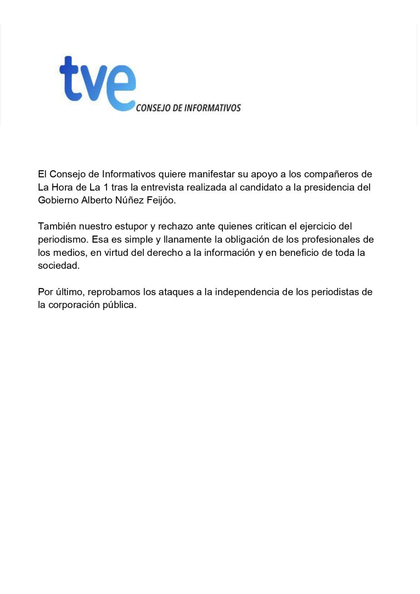 CdItve's tweet image. Desde el Consejo de Informativos apoyamos a nuestros compañeros de La Hora de la 1. Rechazamos los ataques vertidos hacia ellos y que atentan contra la independencia y la neutralidad de RTVE