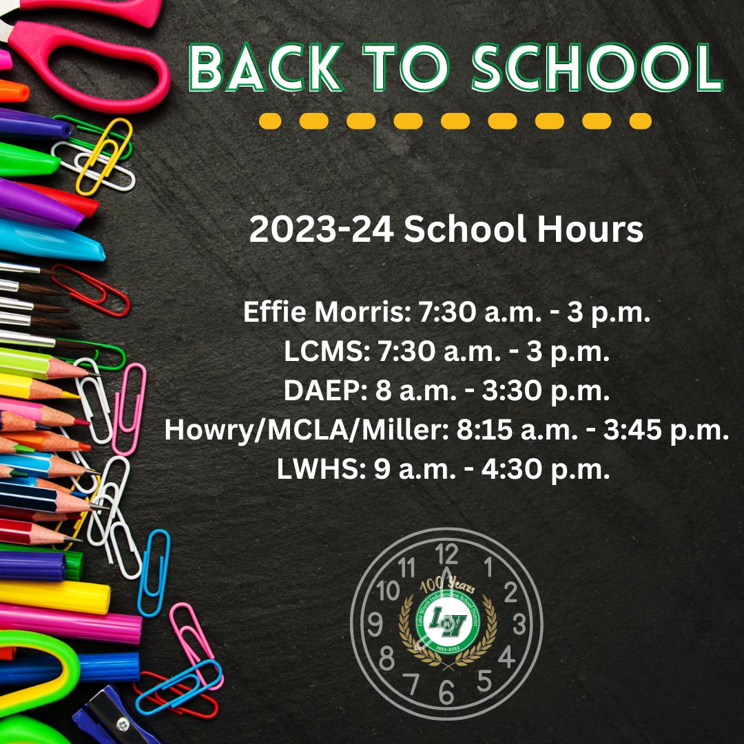 LakeWorthISD's tweet photo. New School Year. New School Hours. The 2023-24 school year will have new school hours. Please check out the new times as you prepare your students for the first day of school. We look forward to seeing our Bullfrogs on August 14! #WorthIt https://t.co/4gF1kFUqaN