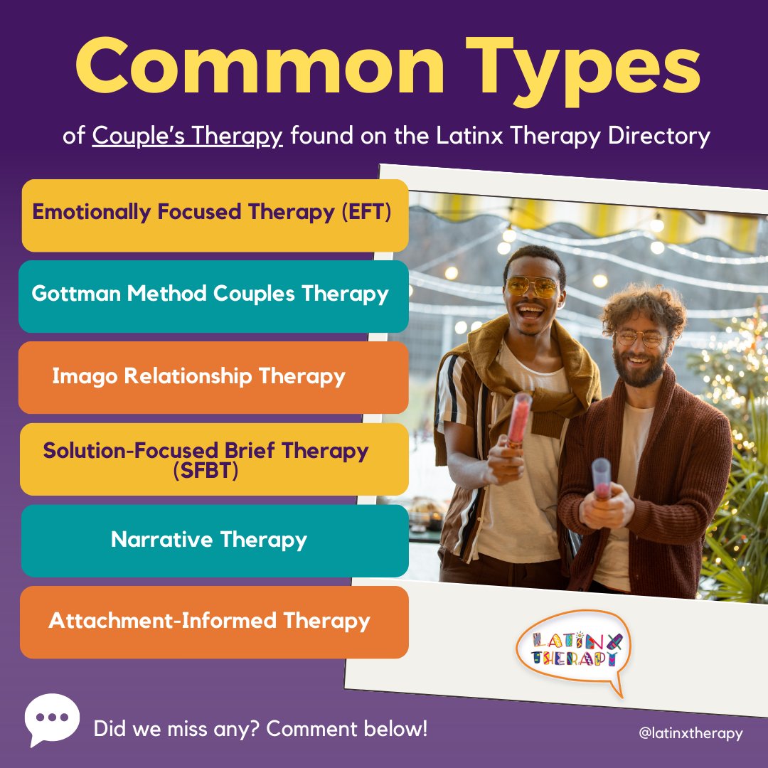 latinxtherapy's tweet photo. If you are looking for couple’s therapy these are some of the modalities that providers in the Latinx Therapy Directory provide and/or integrate.

Let us know which other modalities we should include in a future post! The directory can be found on https://t.co/X2kNb3Tl0R https://t.co/kvsWsxdpCz
