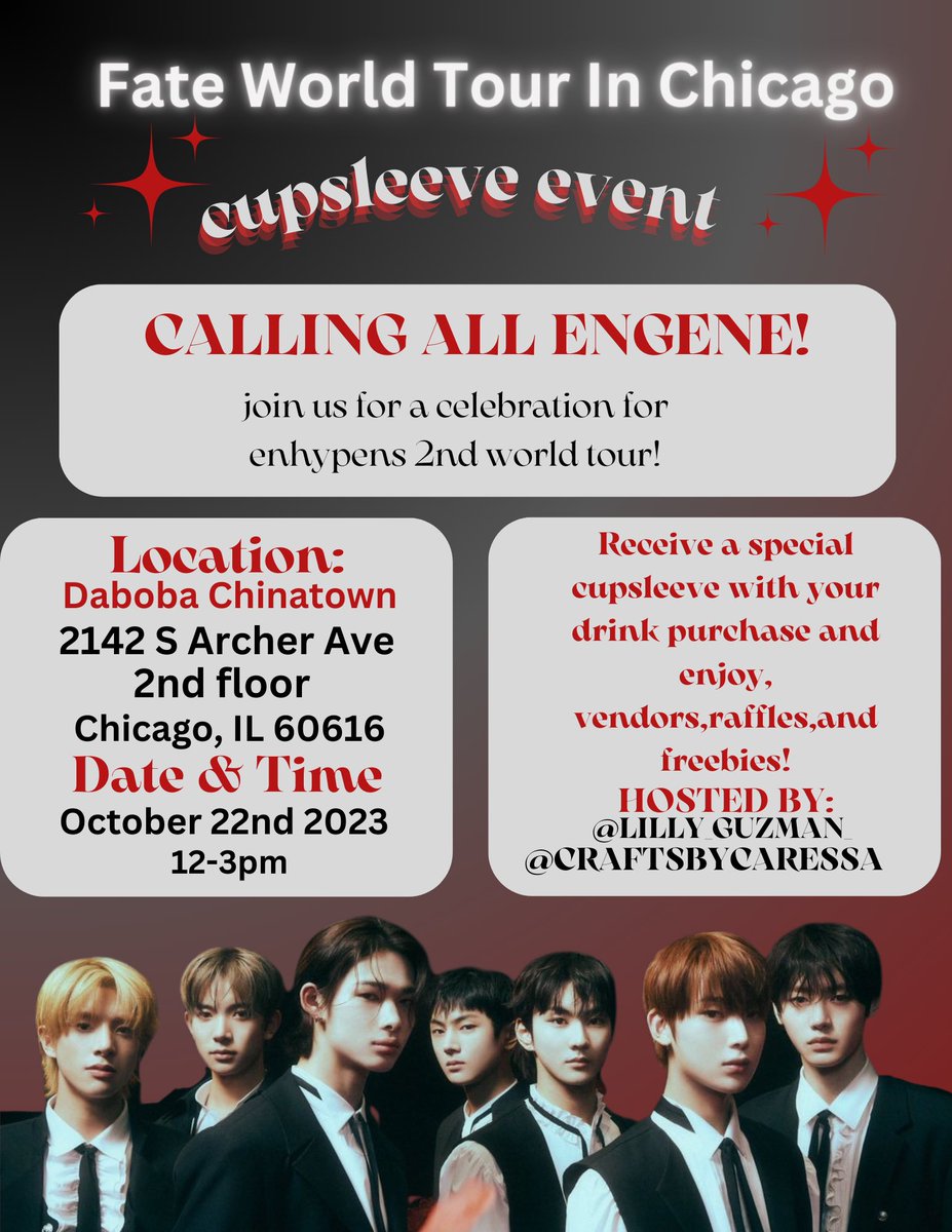 lilly_guzman_'s tweet photo. ENGENE!
join us for a two day event to celebrate enhypens 2nd world tour! 
*please note the different times and locations for each event! *
donation and vendor forms will be linked below! 
#ENHYPEN #fate_in_chicago https://t.co/xQafsaGFch