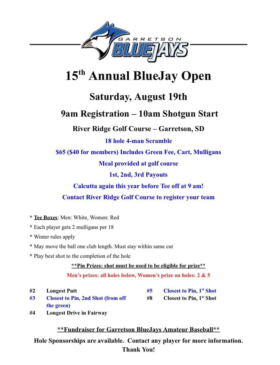 BlueJay Open Details Announced!! Call River Ridge Golf Course to sign up your team!