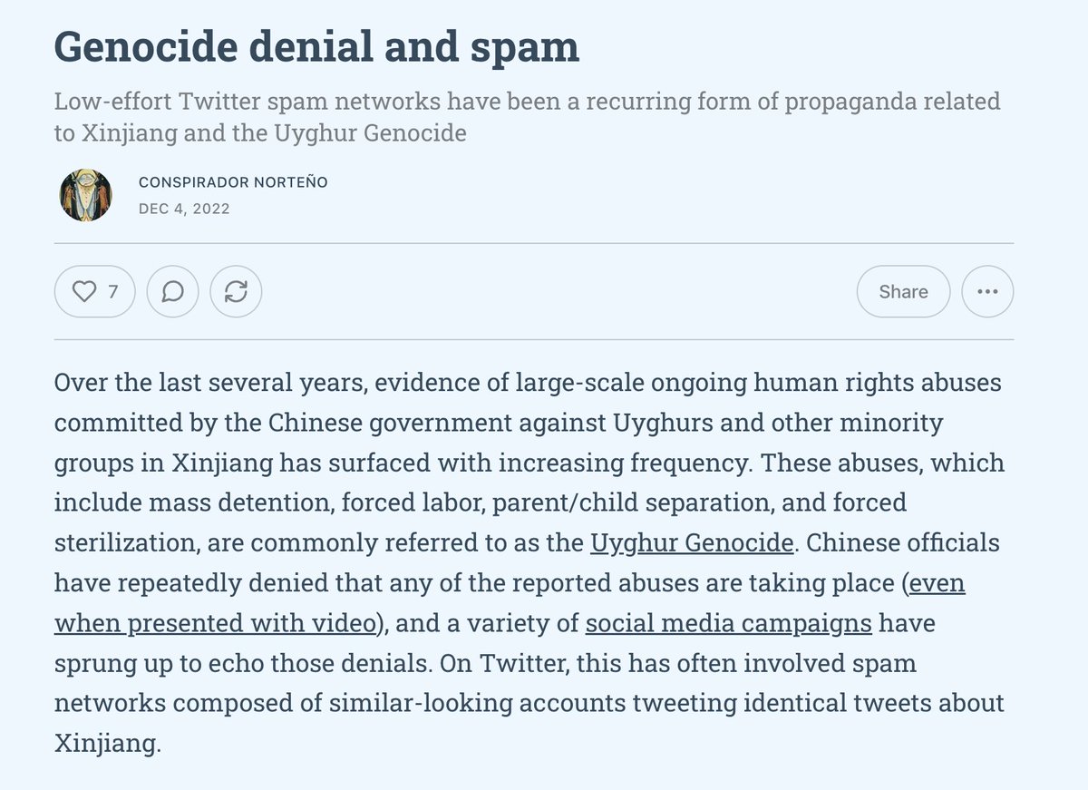 Spammy networks tweeting propaganda regarding Xinjiang and the Uyghur Genocide have been a recurring thing on Twitter for the last several years. More info in this article: conspirator0.substack.com/p/genocide-den…