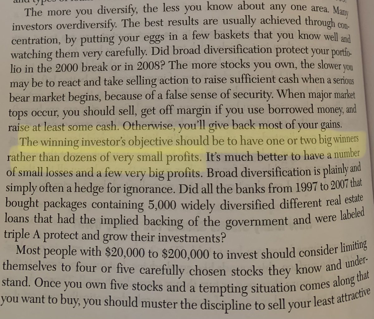 “The winning investors objective should be to have one or two big winners rather than dozens of very small profits.” 

“Most people with $20,000 to $200,000 to invest should consider limiting themselves to four or five carefully chosen stocks….”

HTMMIS William ONeil