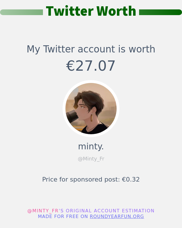 Mein Twitter-Wert ist: €27.07

➡️ twitterfun.games/twitterworth?l…
