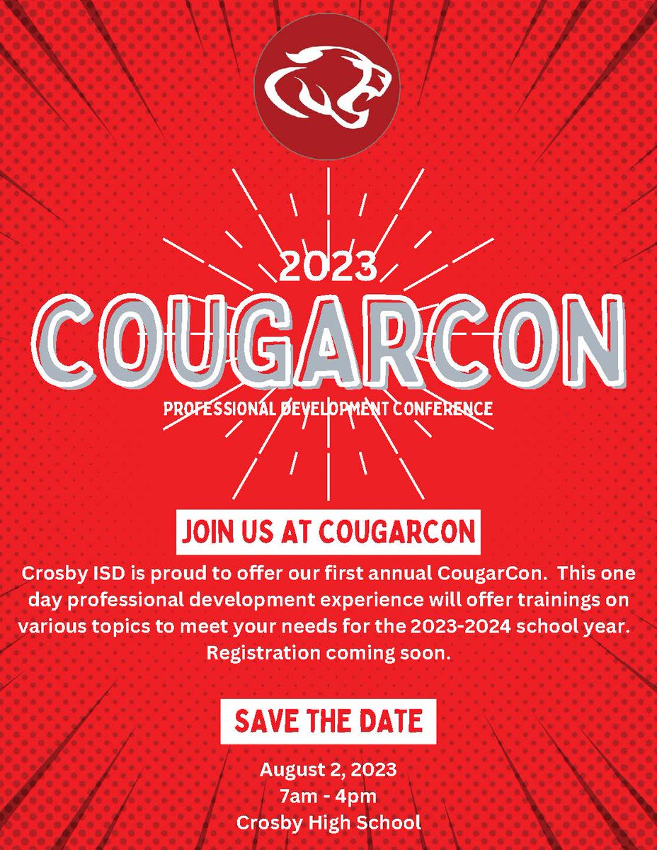 CrosbyISD's tweet image. 🚨 Coming Soon! 🚨 𝗖𝗼𝘂𝗴𝗮𝗿𝗖𝗼𝗻!

#ProfessionalDevelopment Conference for Crosby ISD employees.

#backtoschool
#leadlearner