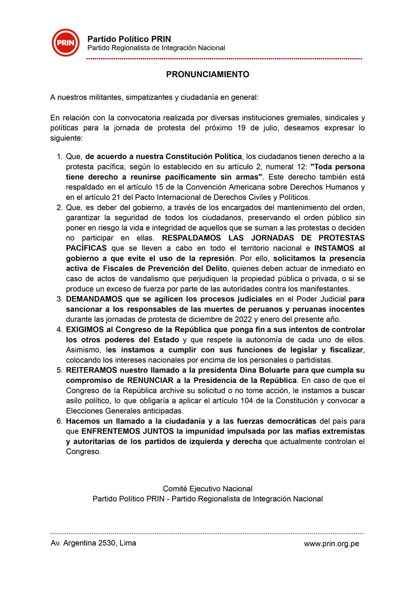 partidoprin's tweet photo. 📢 PRONUNCIAMIENTO 📢
Respaldamos la protesta pacífica y exigimos seguridad para todos. 🇵🇪🤝 Reiteramos la renuncia de la presidenta y respeto a la autonomía de los poderes del Estado por parte del @congresoperu.
#PartidoPRIN
➡️https://t.co/9baCswmDXV https://t.co/hI7xX8Pl07