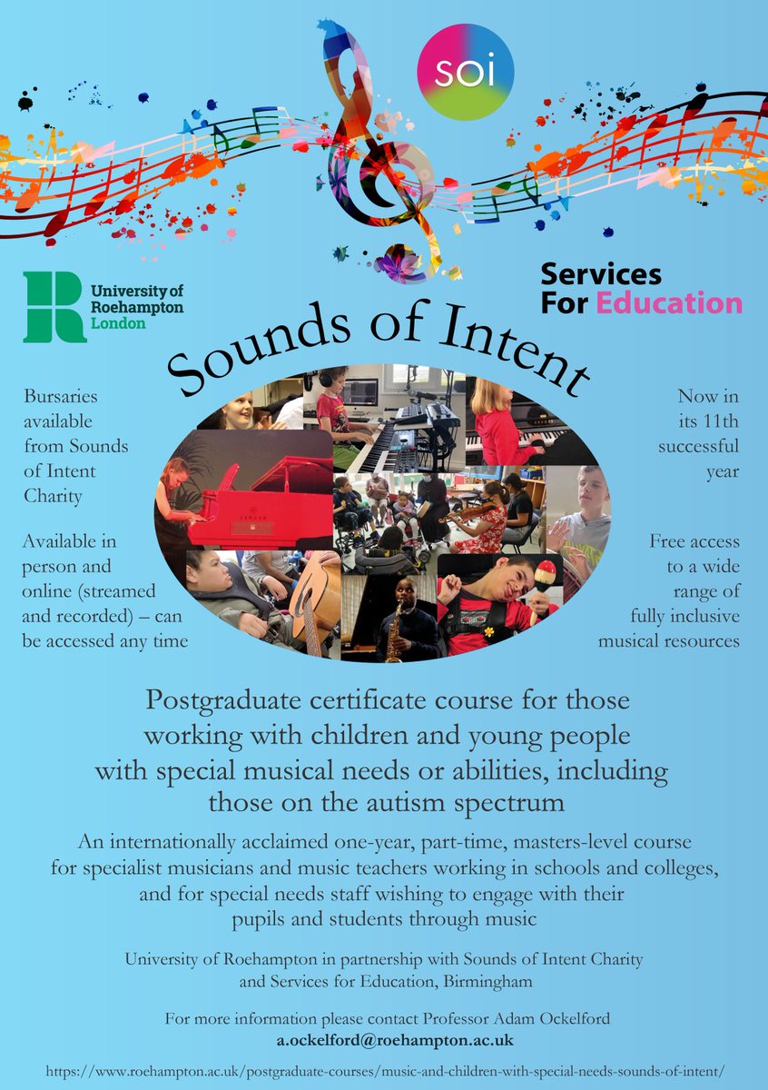 Still places left for the PgCert for those working with children/YP with special musical needs or abilities! Come join us in reflective practice, music and autism, s/pmld, music and adapted instruments/tech, policy and curriculum, exploring your own practice 👇🏻 please share 🙏🏻