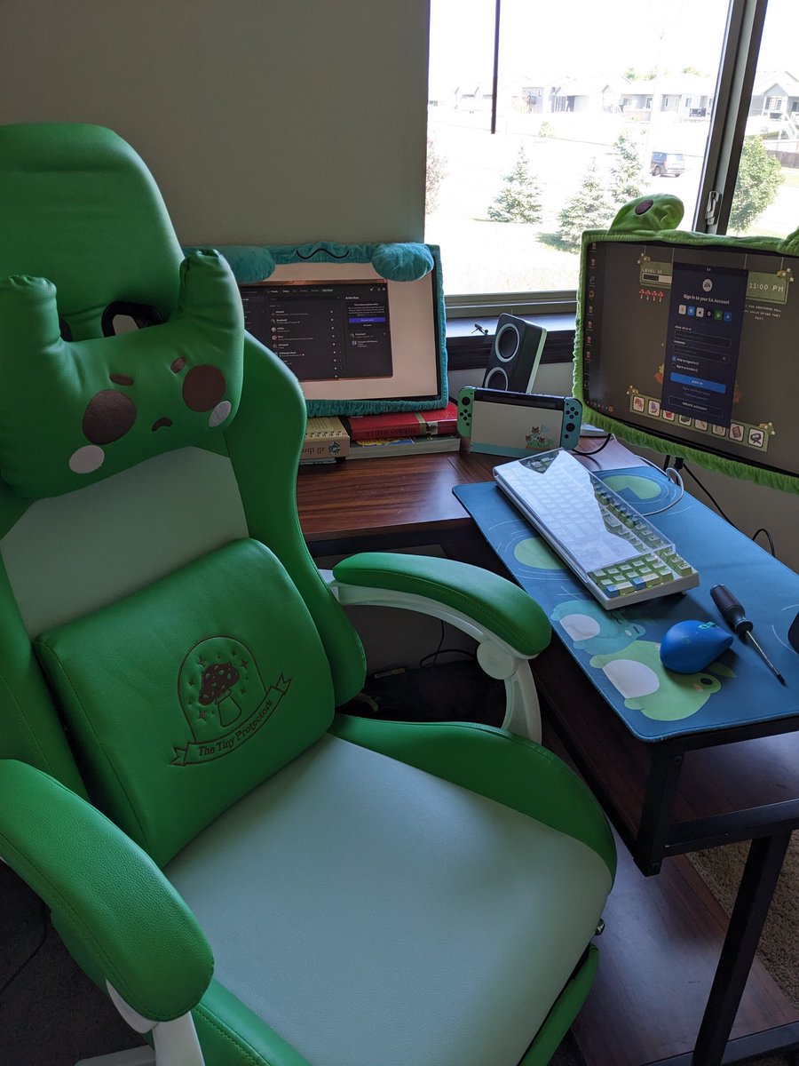 Got my PC set up but my second monitor arm got messed up during the move so one of my monitors is propped up on some books lol Ft Moss Gaming chair by @Alythuh