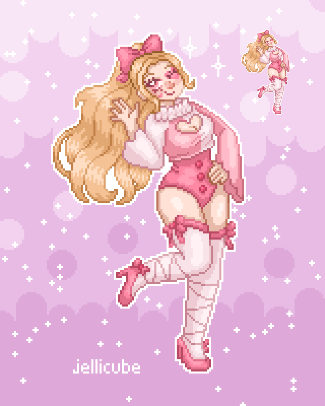 a #pixelart attack of @GreyCiees's character sprinkles!! all her designs are so cute, it was hard to choose~ 😉🎀💕🤡 #artfight #artfight2023 #artfightvampires #artfightattack