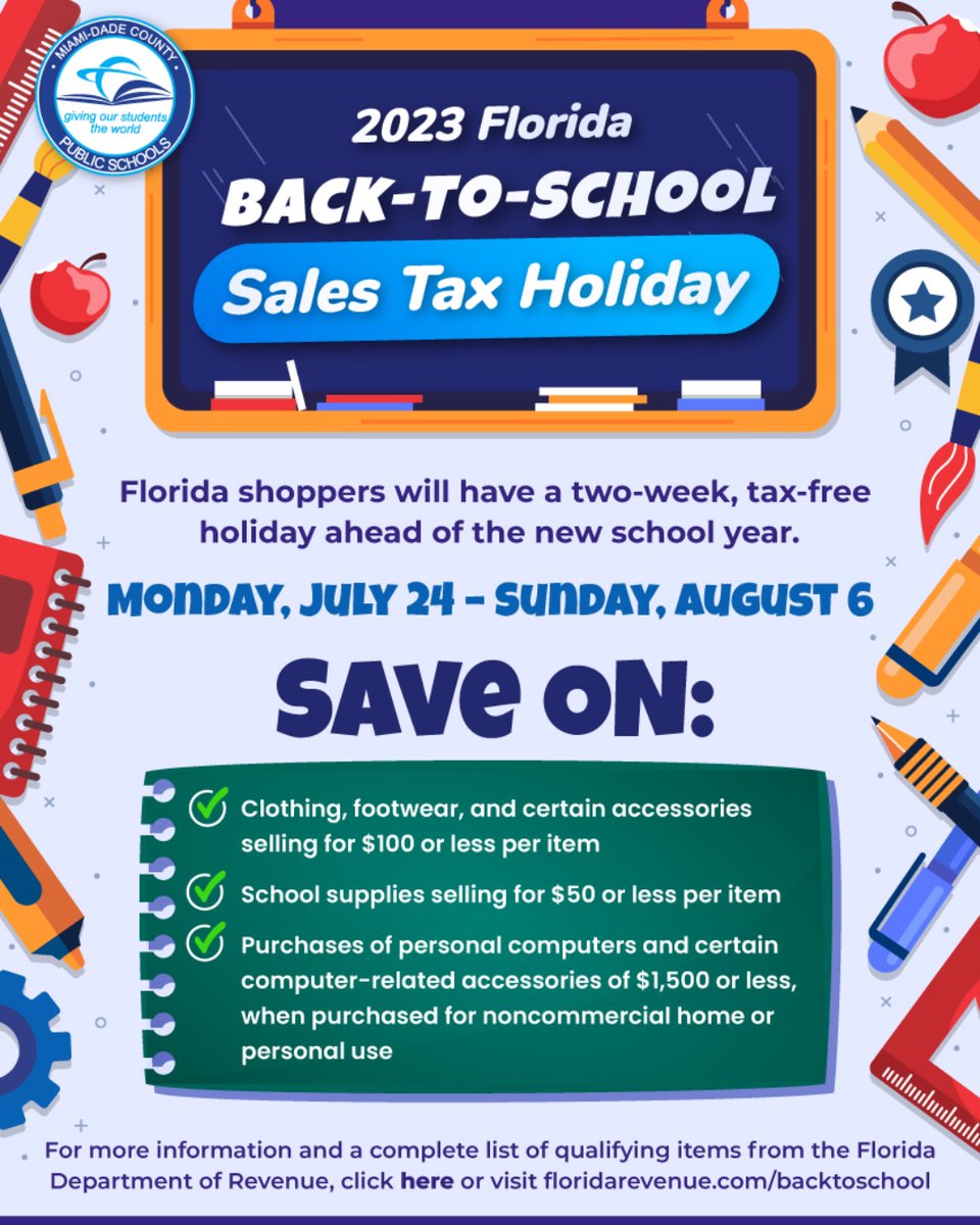 Florida’s Back-to-School Sales Tax Holiday will run from July 24 to August 6. news.dadeschools.net/cmnc/new/33793 #MDCPSReady