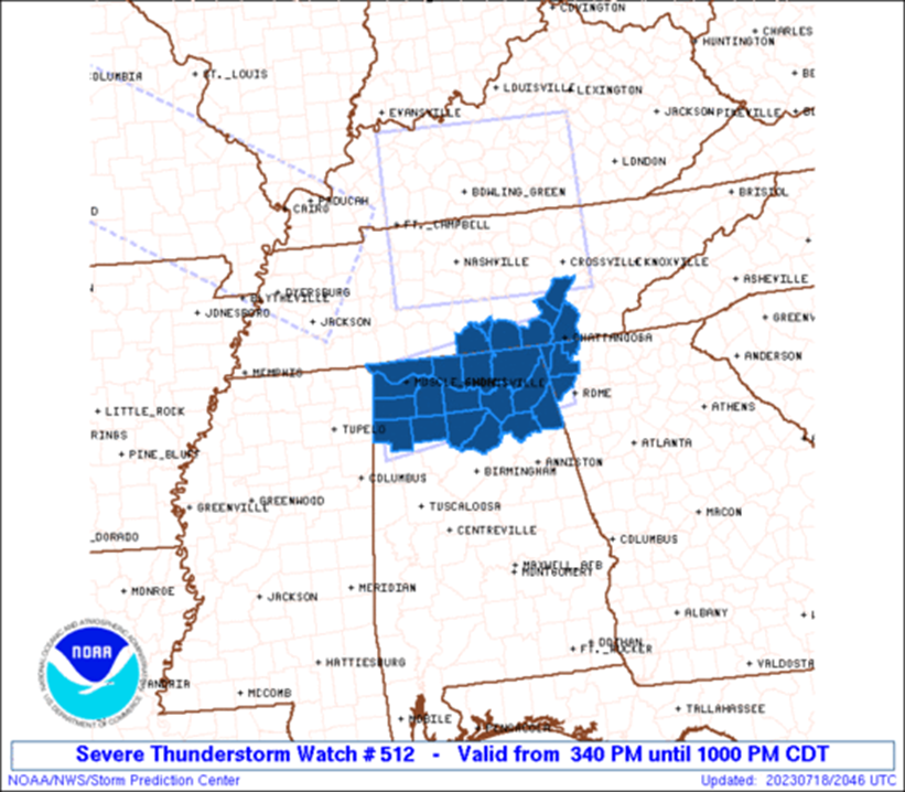 #Severe Thunderstorm Watch 512
Northern Alabama, NW Georgia, Middle Tennessee
Until 1000 PM CDT
Scattered damaging wind gusts to 70 mph possible
Isolated large hail to 1.5