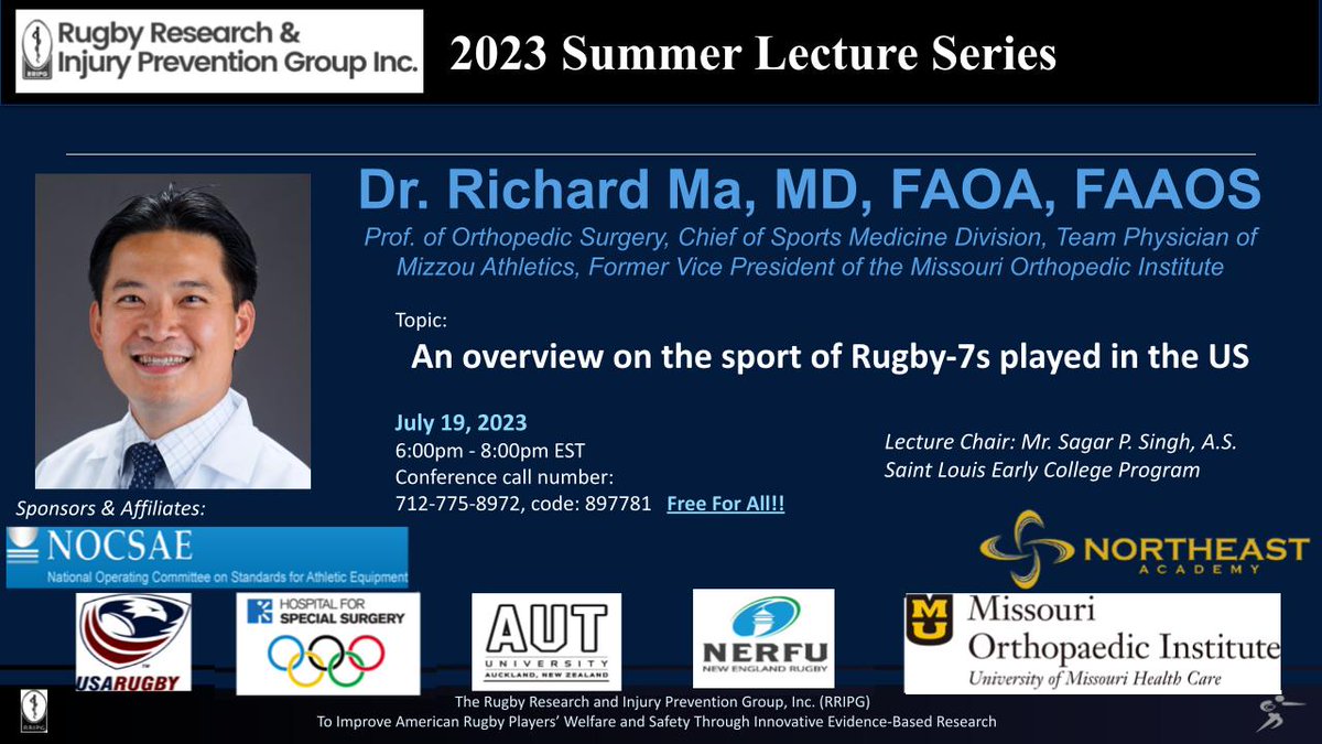 Tune in tomorrow at 6PM EST for #SLS2023!

We are excited to host Dr. Richard Ma, Team Physician  <a href="/MizzouAthletics/">Mizzou Athletics</a> affiliated with Missouri Orthopedic Institute, Professor @MUOrthopaedic and Director <a href="/ZOU_SportsMed/">Mizzou Sports Med</a>. 

#SportsMedicine #OrthoTwitter #Rugby #Mizzou <a href="/muhealth/">MU Health Care</a> #RRIPG