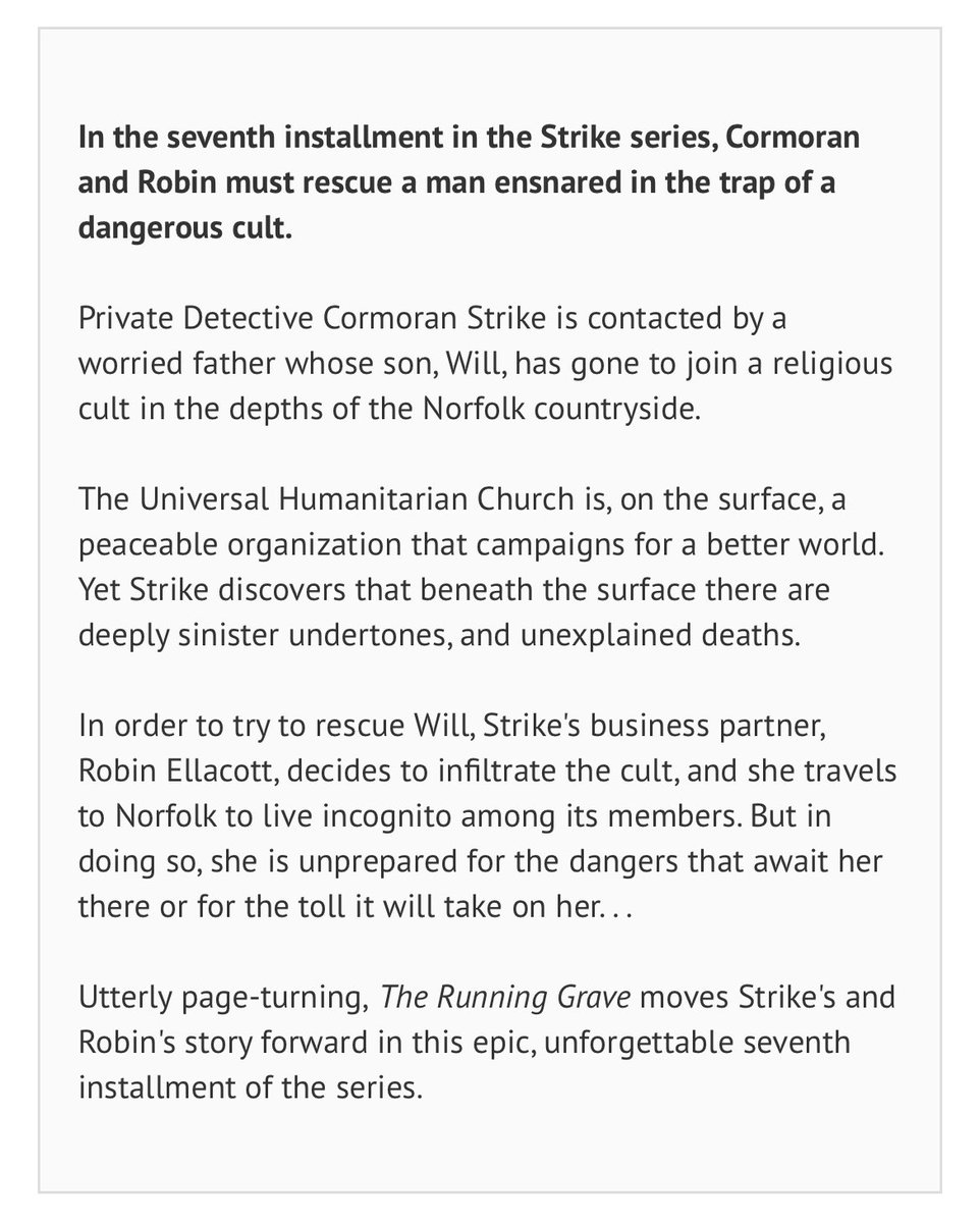 CormStrikeFan's tweet photo. The cover and synopsis of #TheRunningGrave! 😍

Thanks to @LudicrousMonica for finding this! https://t.co/c0hzLv8LKx